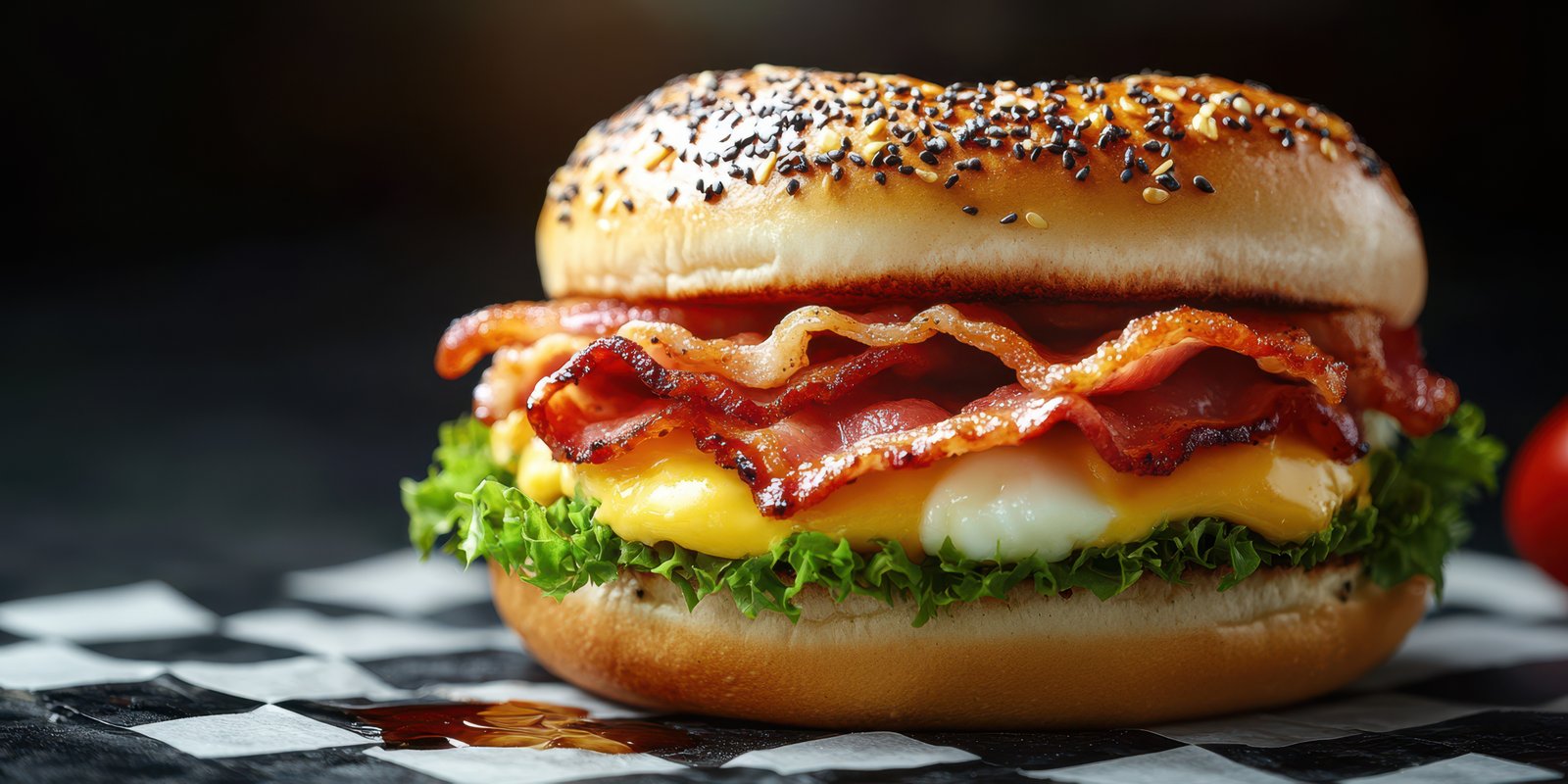 Gourmet burger with crispy bacon, cheese, and fresh lettuce served on sesame seed bun